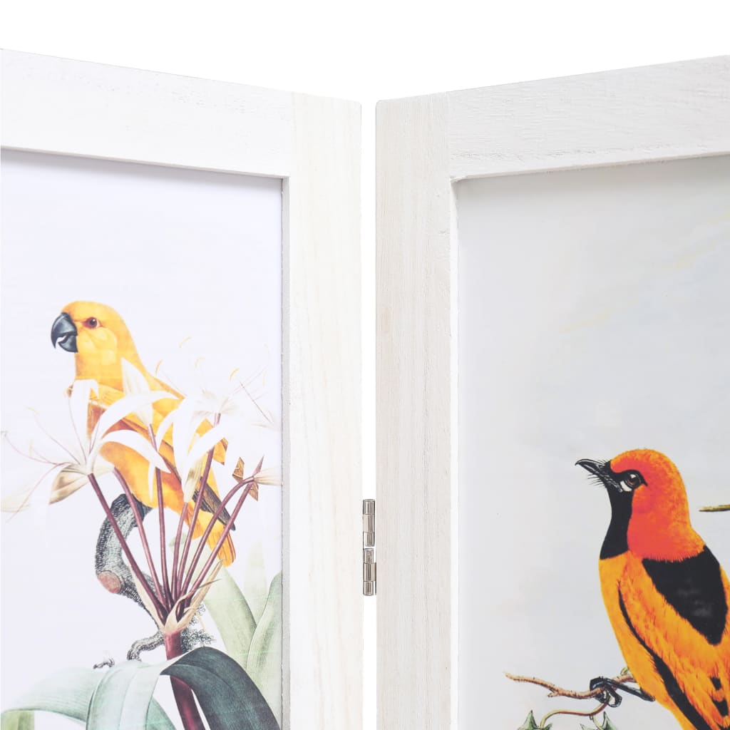 vidaXL Paravan de cameră cu 3 panouri, alb, 105 x 165 cm, păsări