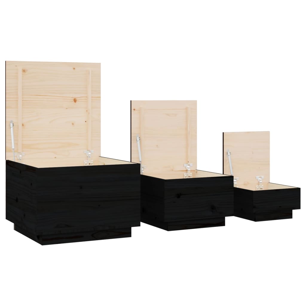 vidaXL Cutii de depozitare cu capace 3 buc. negru lemn masiv de pin