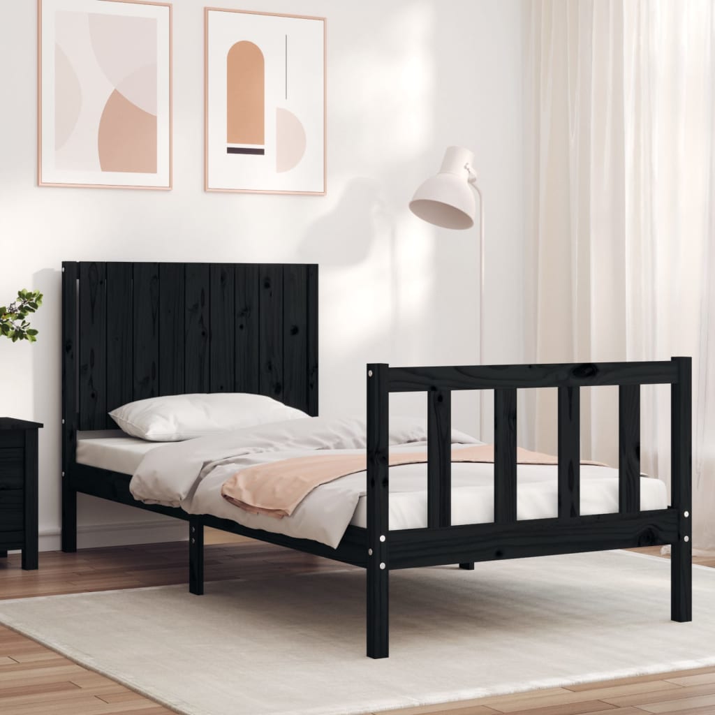 vidaXL Cadru de pat cu tăblie single, negru, lemn masiv