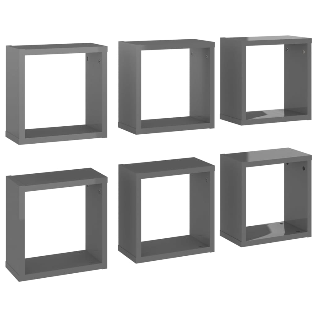 vidaXL Raft de perete cub, 6 buc., gri extralucios, 30x15x30 cm, PAL