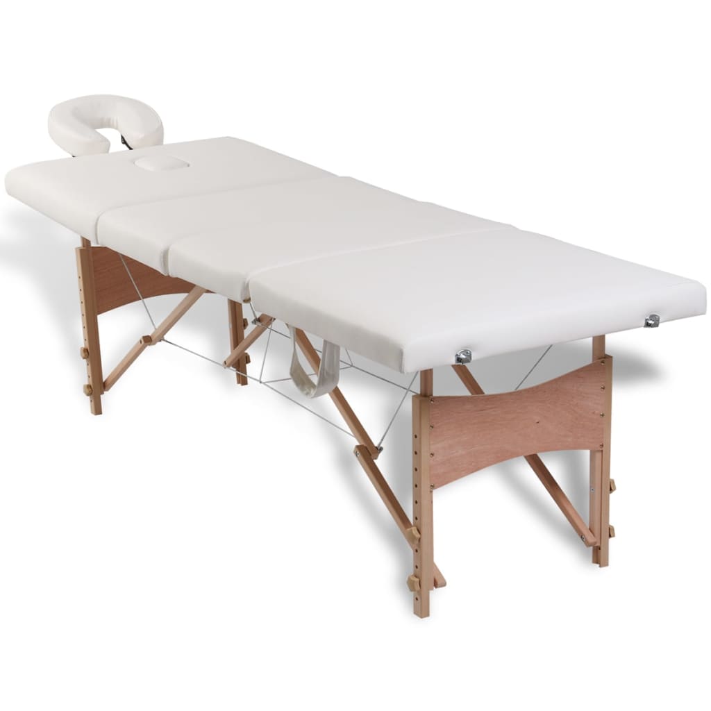 vidaXL Masă de masaj pliabilă, 4 zone, alb crem, cadru din lemn