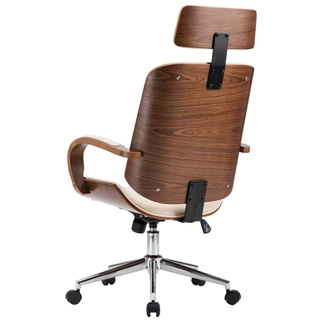 vidaXL Scaun de birou rotativ, crem, piele ecologică și lemn curbat