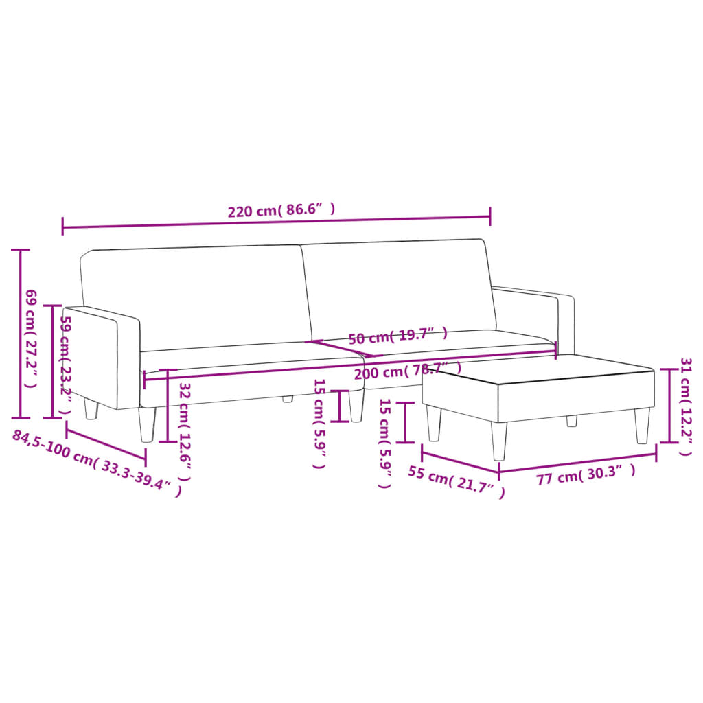 vidaXL Canapea extensibilă cu taburet, 2 locuri, gri deschis, catifea