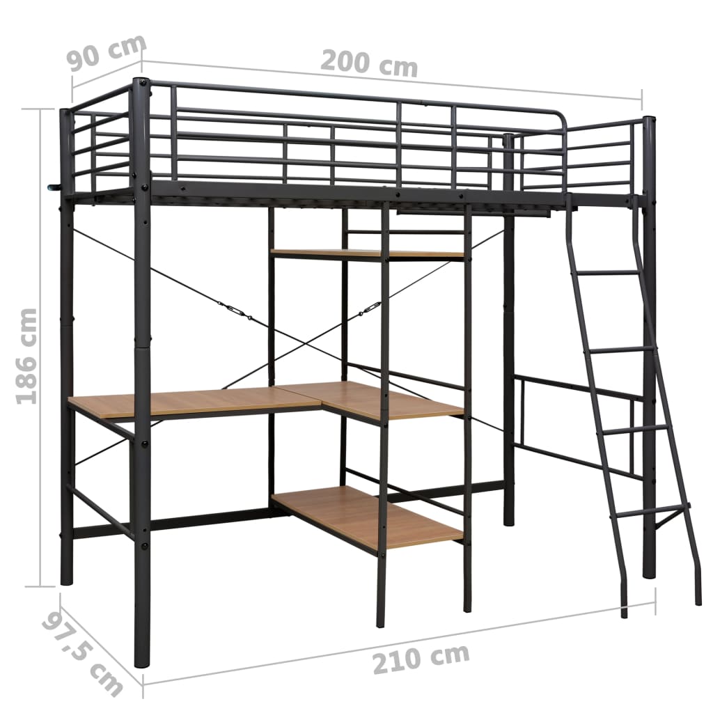 vidaXL Cadru de pat supraetajat cu masă, gri, 90 x 200 cm, metal