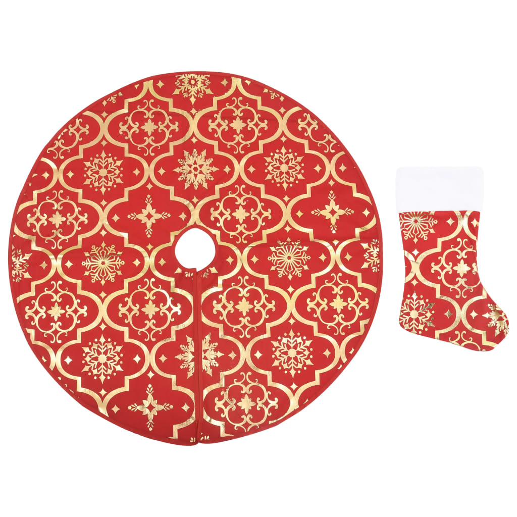 vidaXL Covor fustă de brad Crăciun cu șosetă, roșu, 122 cm, țesătură