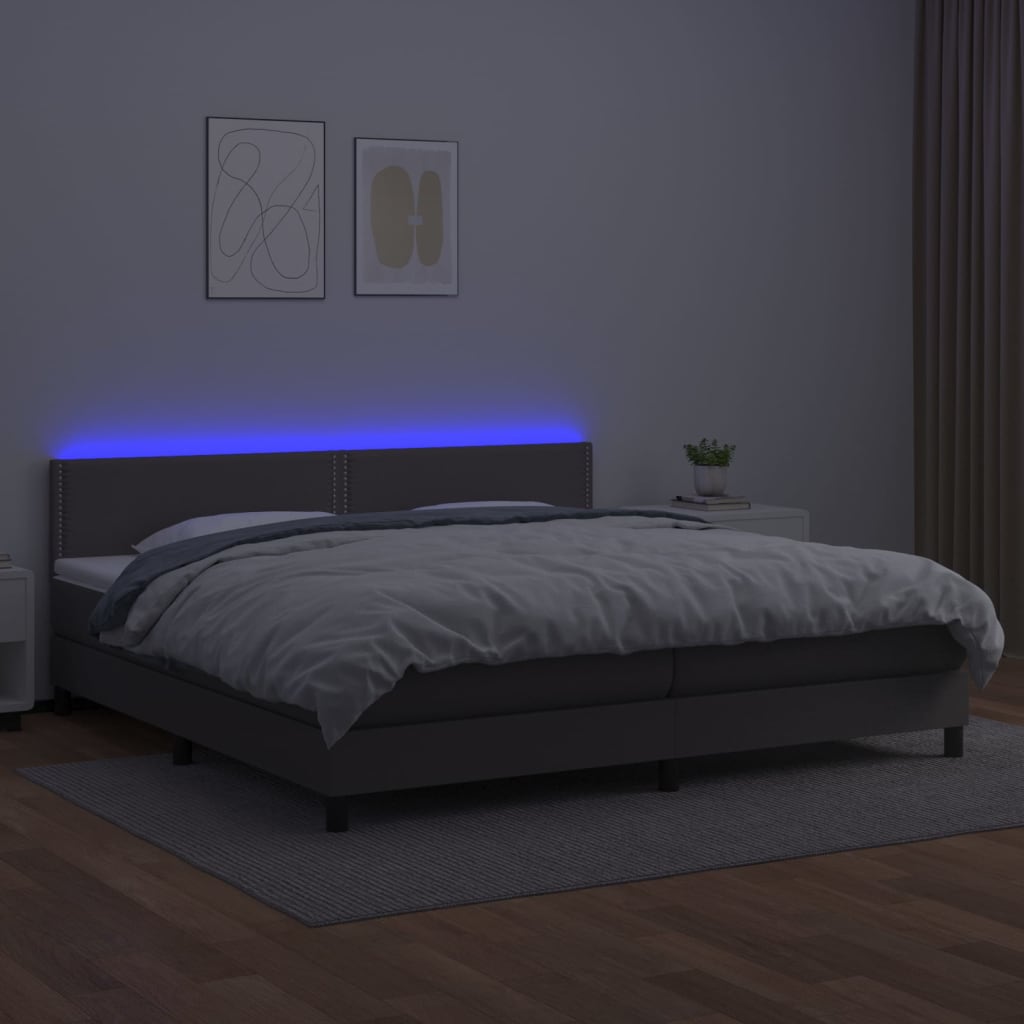 vidaXL Pat cu arcuri, saltea și LED, gri, 200x200 cm, piele ecologică