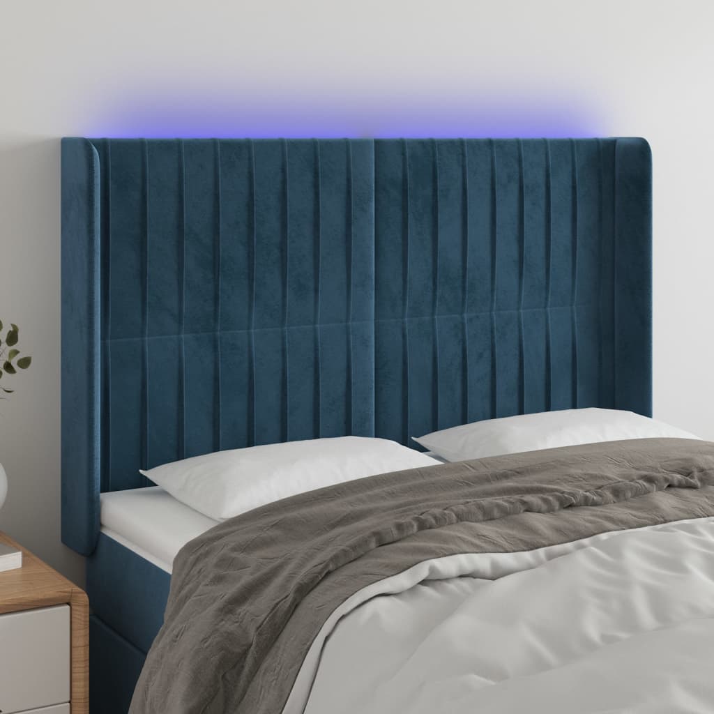 vidaXL Tăblie de pat cu LED, albastru închis, 147x16x118/128cm catifea