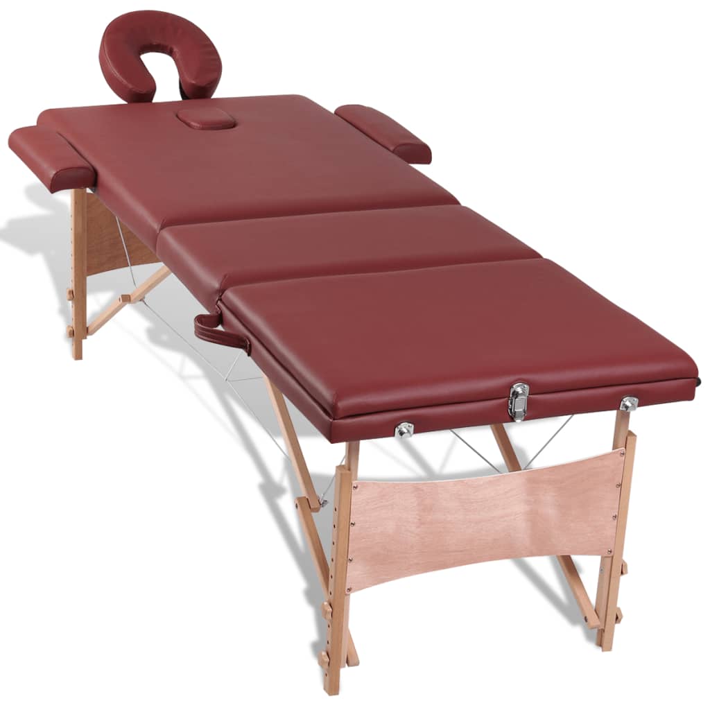 Masă de masaj pliabilă, 3 zone, roșu, cadru din lemn, roșu