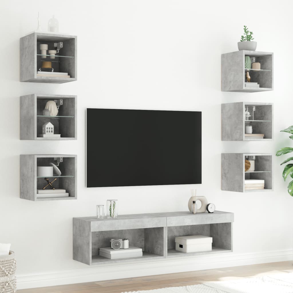 vidaXL Unități TV de perete cu LED-uri 8 piese gri beton lemn compozit