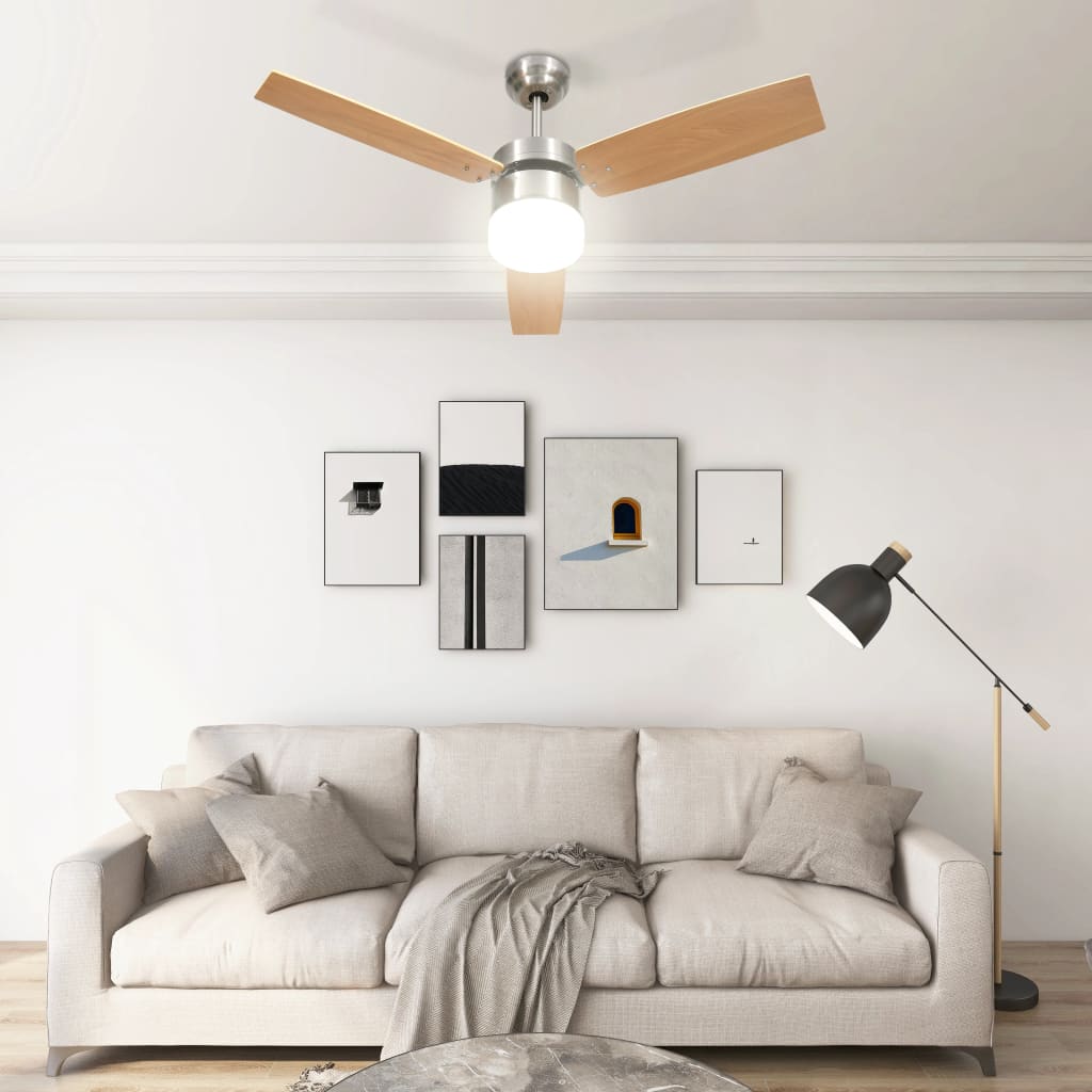 vidaXL Ventilator tavan cu iluminare/telecomandă, maro deschis,108 cm