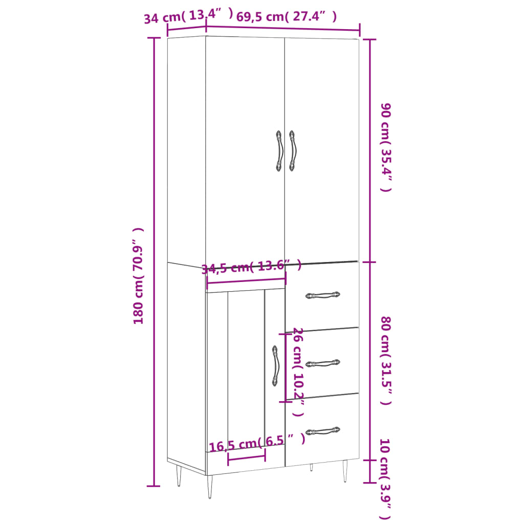 vidaXL Dulap înalt, gri beton, 69,5x34x180, lemn compozit