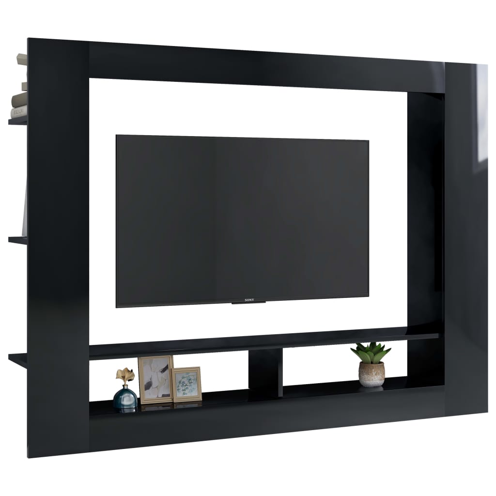 vidaXL Comodă TV, negru extralucios, 152x22x113 cm, PAL