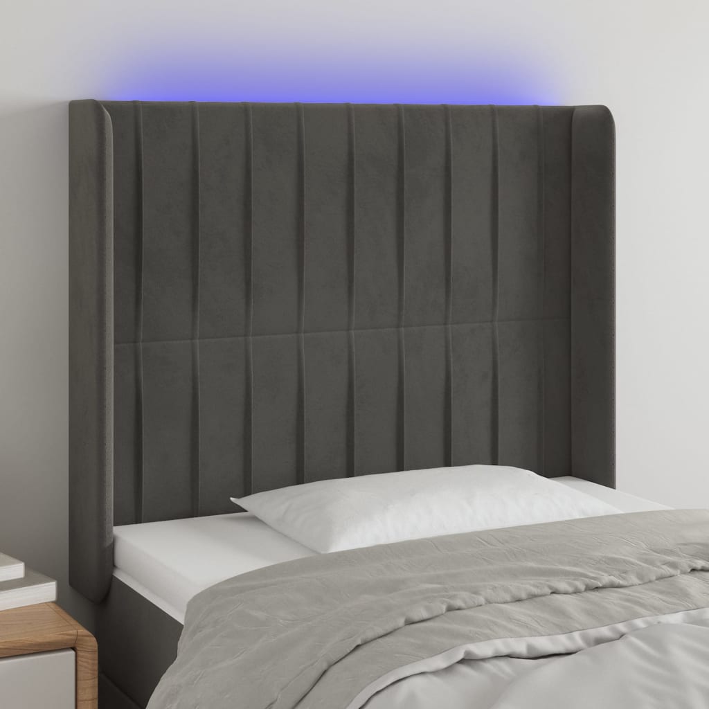 vidaXL Tăblie de pat cu LED, gri închis, 93x16x118/128 cm, catifea