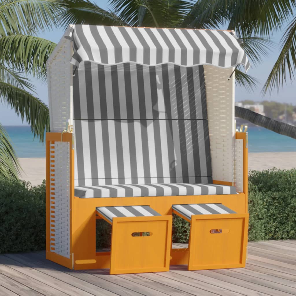 vidaXL Scaun de plajă cu baldachin, alb/gri, poliratan și lemn masiv