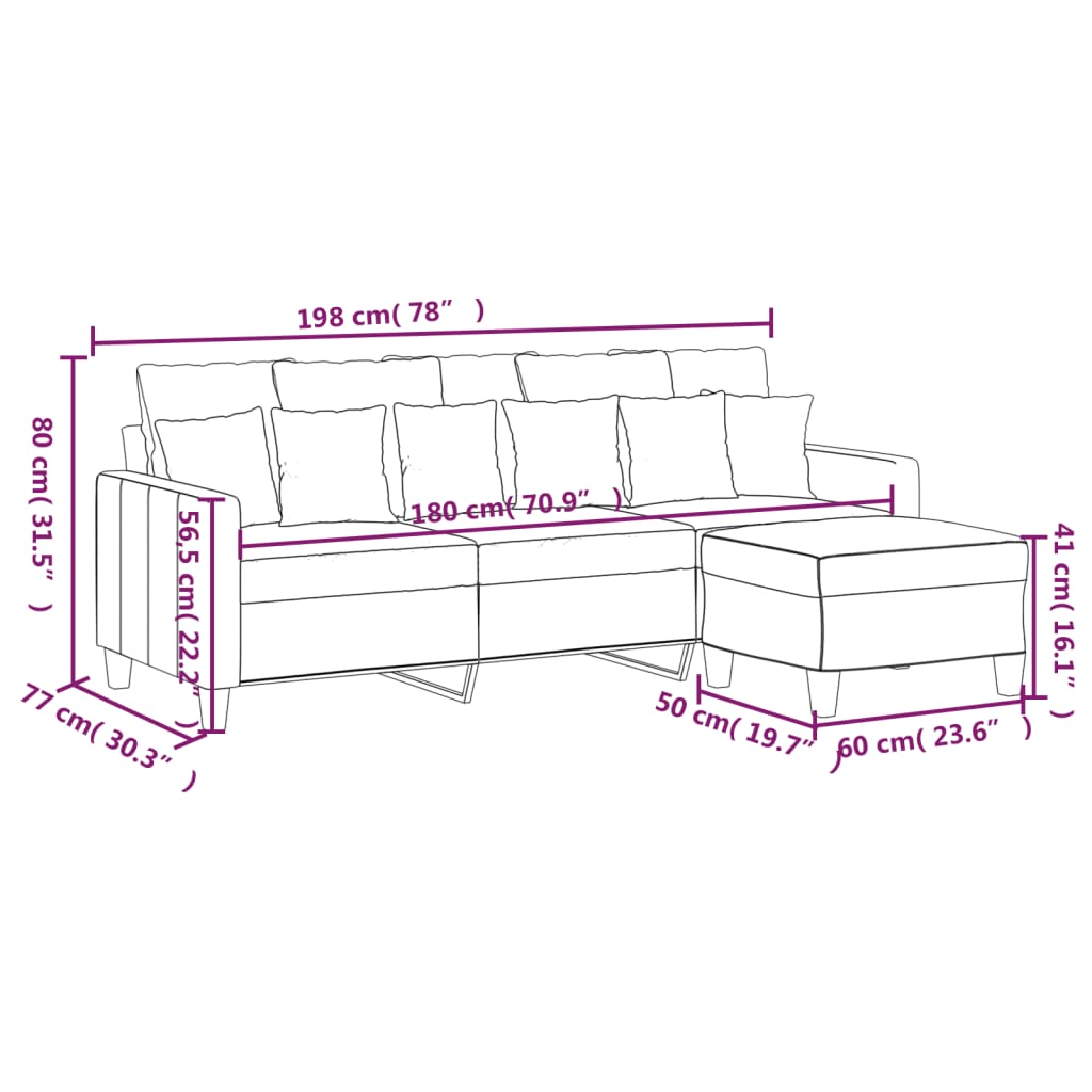 vidaXL Canapea cu 3 locuri și taburet, gri închis, 180 cm, textil