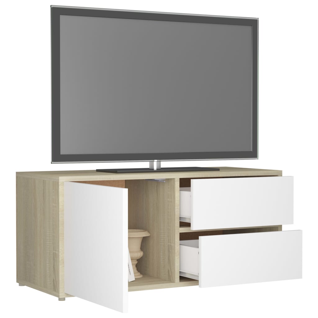 vidaXL Comodă TV, alb și stejar Sonoma, 80 x 34 x 36 cm, PAL