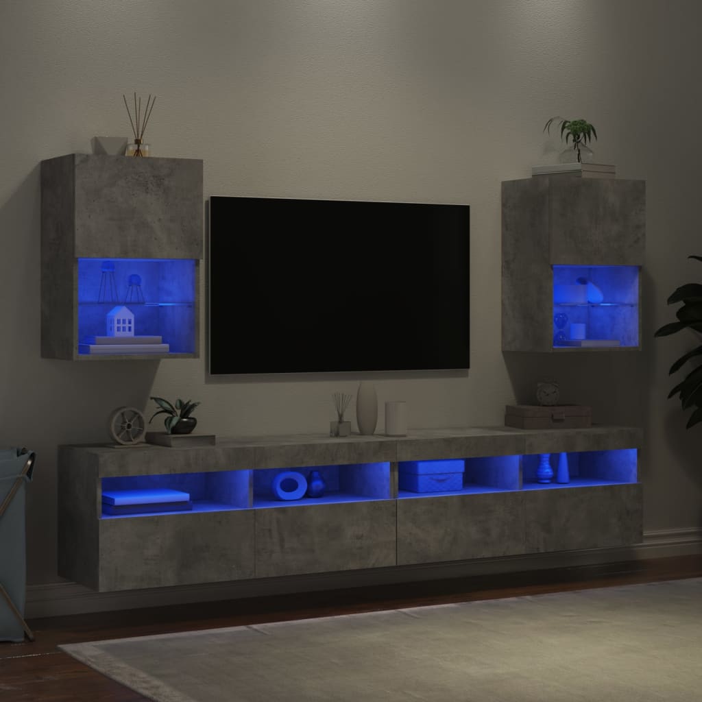 vidaXL Comode TV cu lumini LED, 2 buc., gri beton, 40,5x30x60 cm
