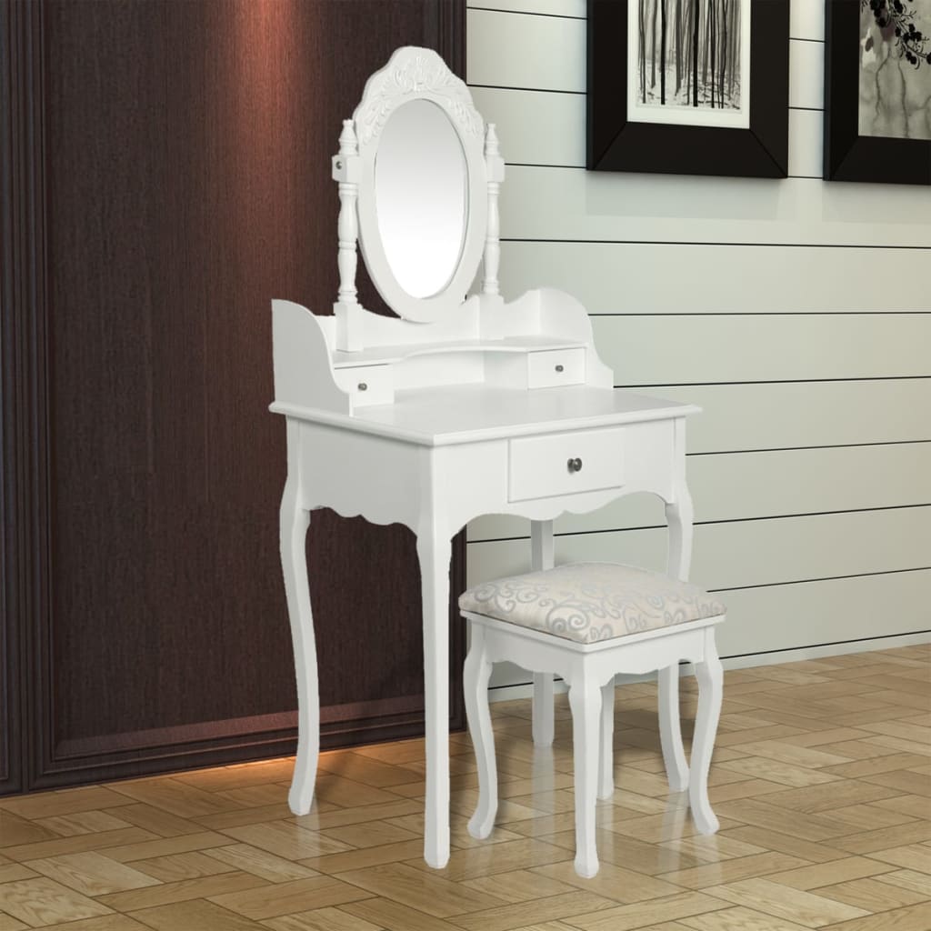vidaXL Masă de toaletă cu oglindă și taburet, alb