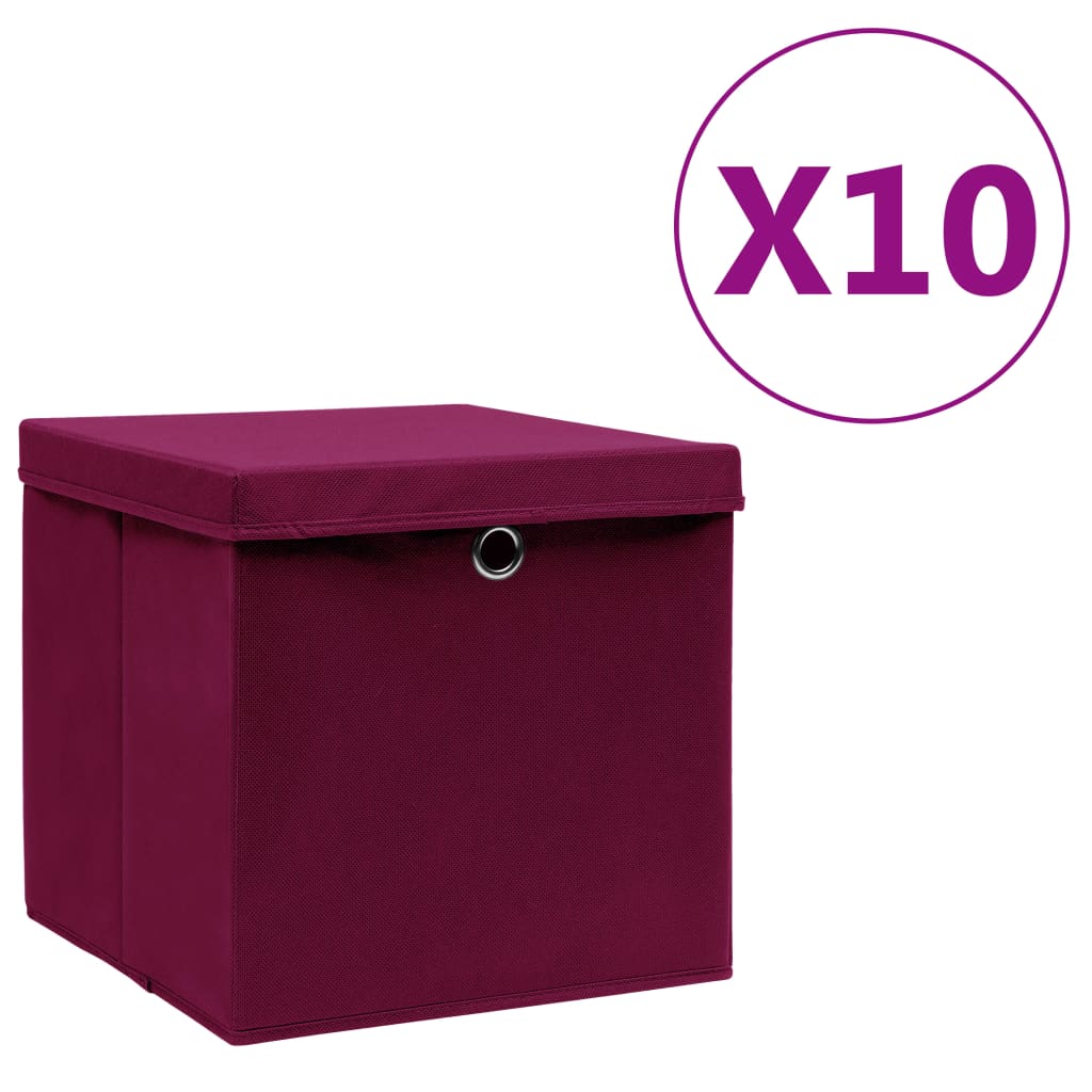 vidaXL Cutii de depozitare cu capac, 10 buc., roșu închis, 28x28x28cm