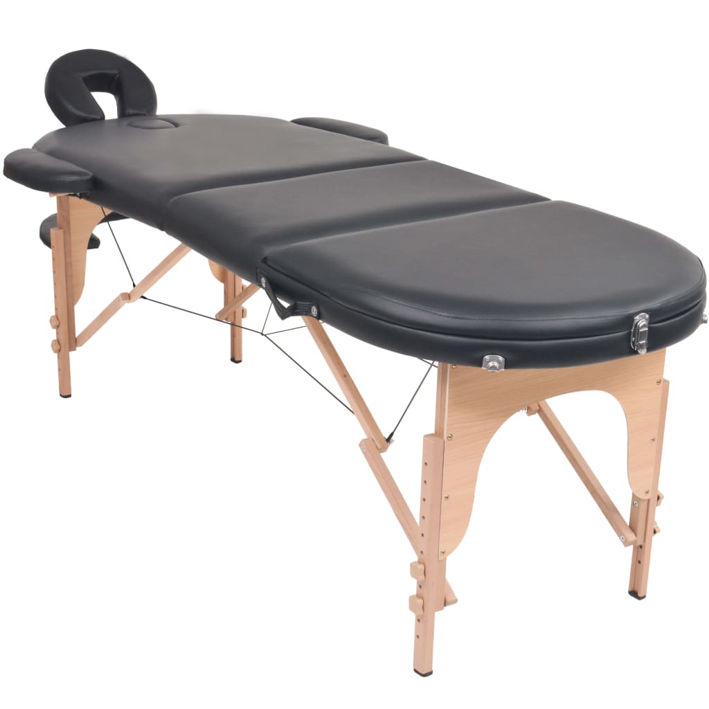 vidaXL Masă masaj pliabilă, 4 cm grosime, cu 2 perne, negru, oval