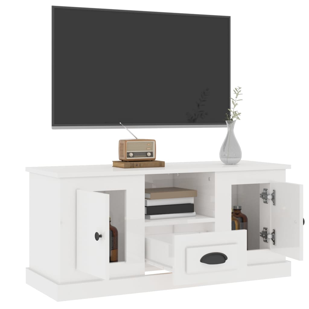 vidaXL Comodă TV, alb extralucios, 100x35,5x45 cm, lemn prelucrat