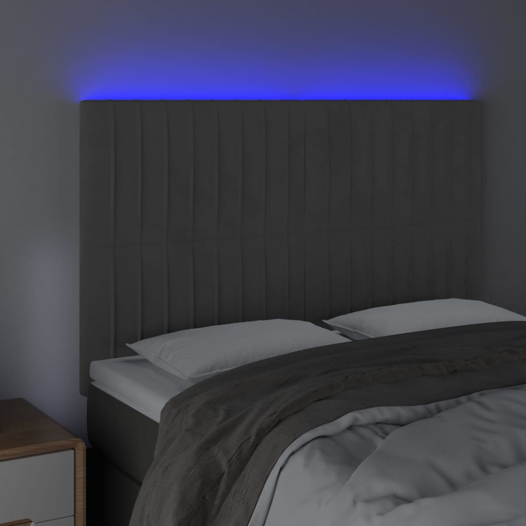 vidaXL Tăblie de pat cu LED, gri închis, 144x5x118/128 cm, catifea