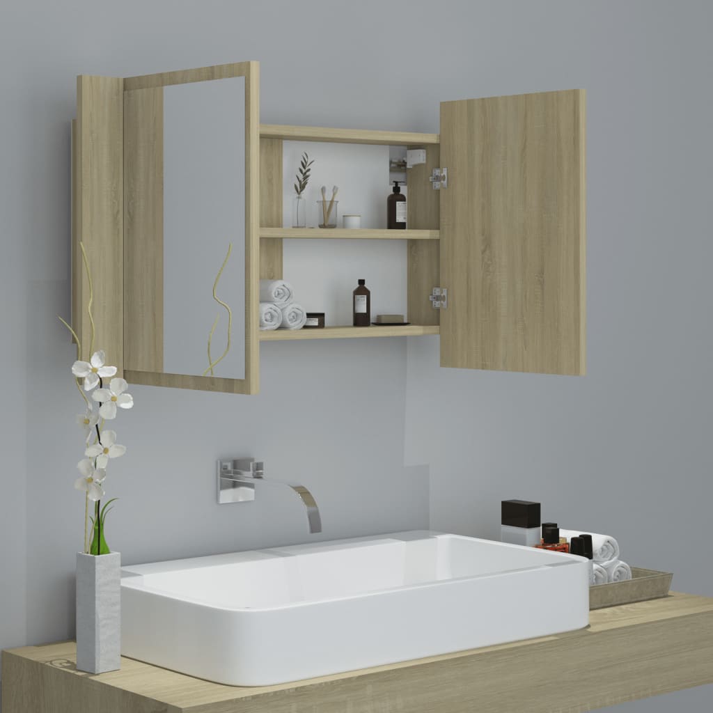 vidaXL Dulap de baie cu oglindă și LED, stejar Sonoma, 80x12x45 acril