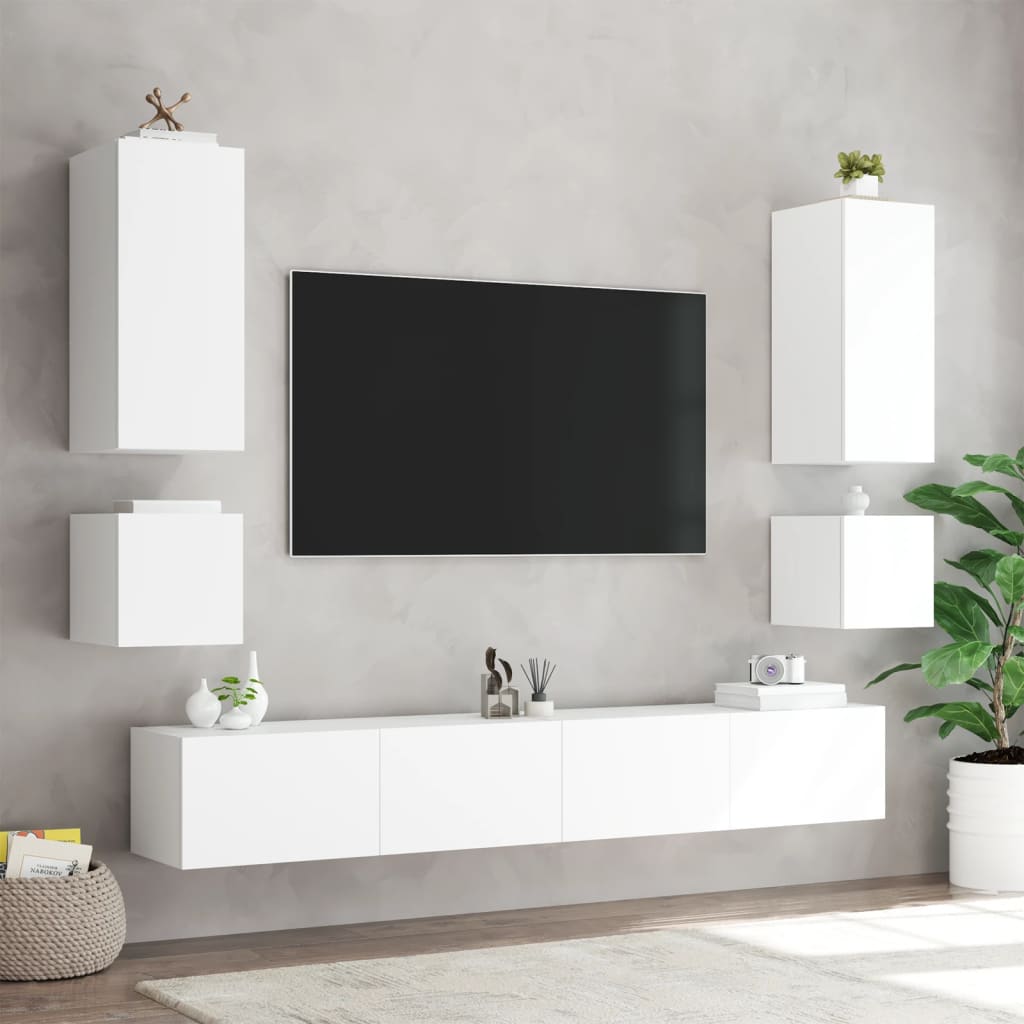 vidaXL Comode TV de perete cu lumini LED, 6 piese, alb