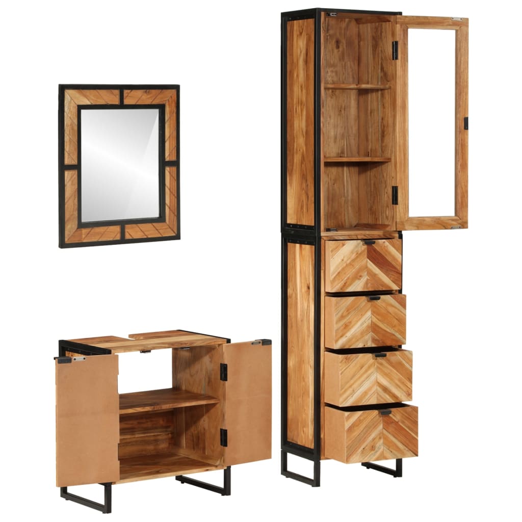 vidaXL Set mobilier de baie, 3 piese, fier și lemn masiv de acacia