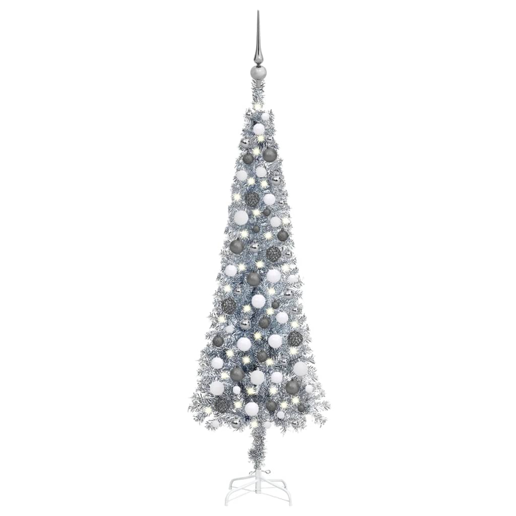 vidaXL Brad de Crăciun pre-iluminat slim, set globuri, argintiu 120 cm