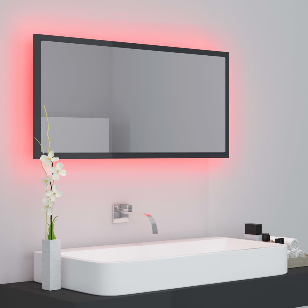 vidaXL Oglindă de baie cu LED, gri extralucios, 90x8,5x37 cm