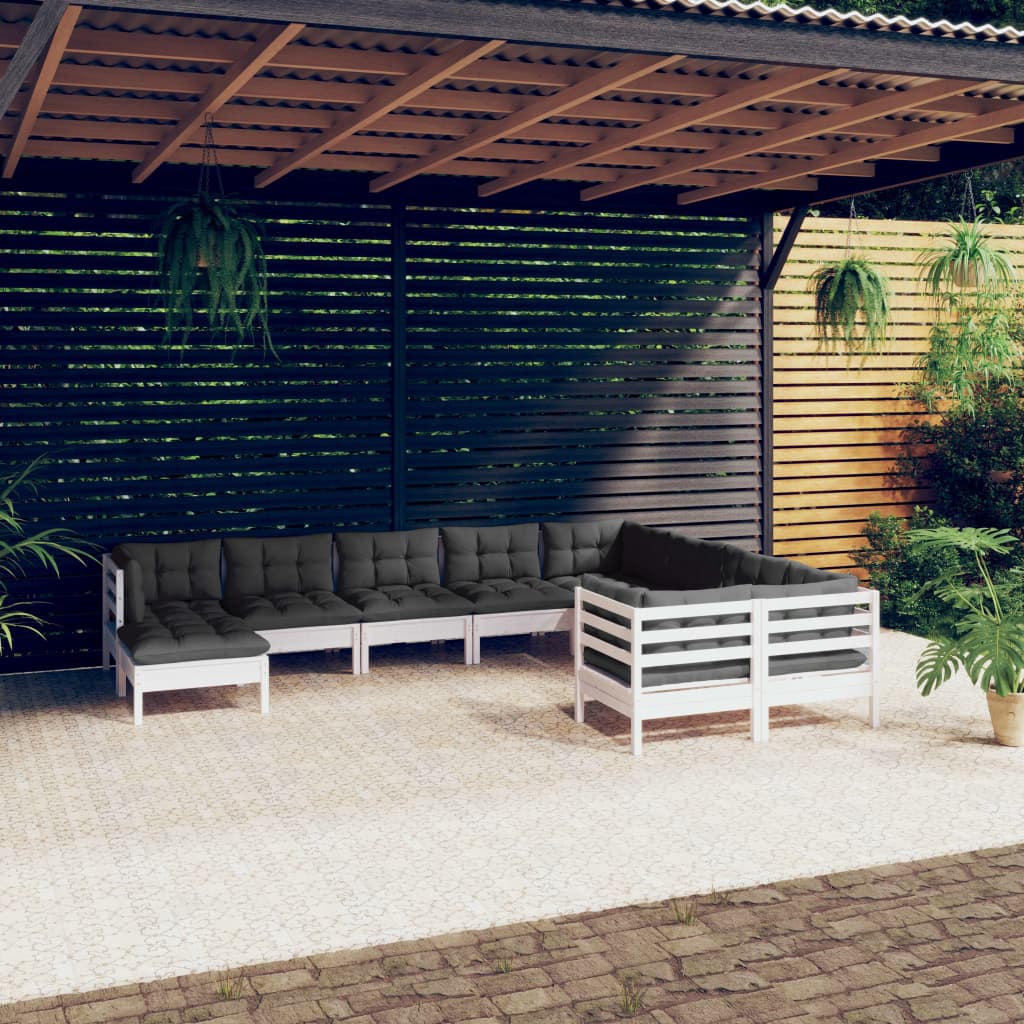 vidaXL Set mobilier grădină cu perne, 10 piese, alb, lemn de pin