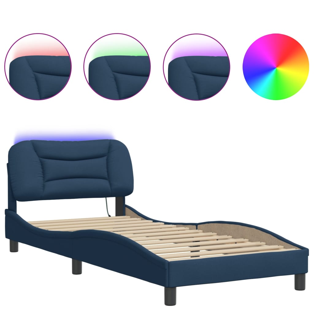 vidaXL Cadru de pat cu lumini LED, albastru, 90x200 cm, textil