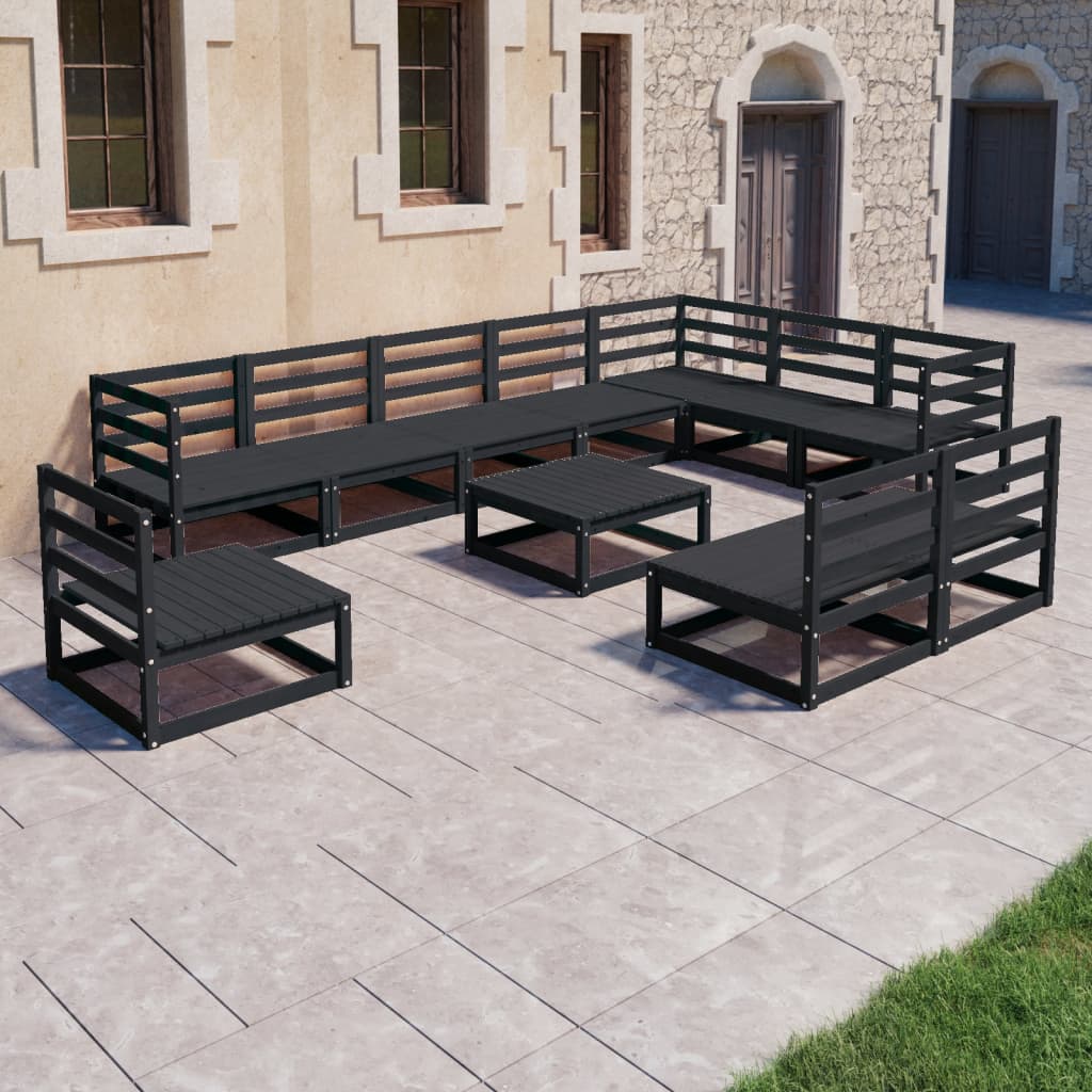 vidaXL Set mobilier de grădină, 11 piese, negru lemn masiv pin