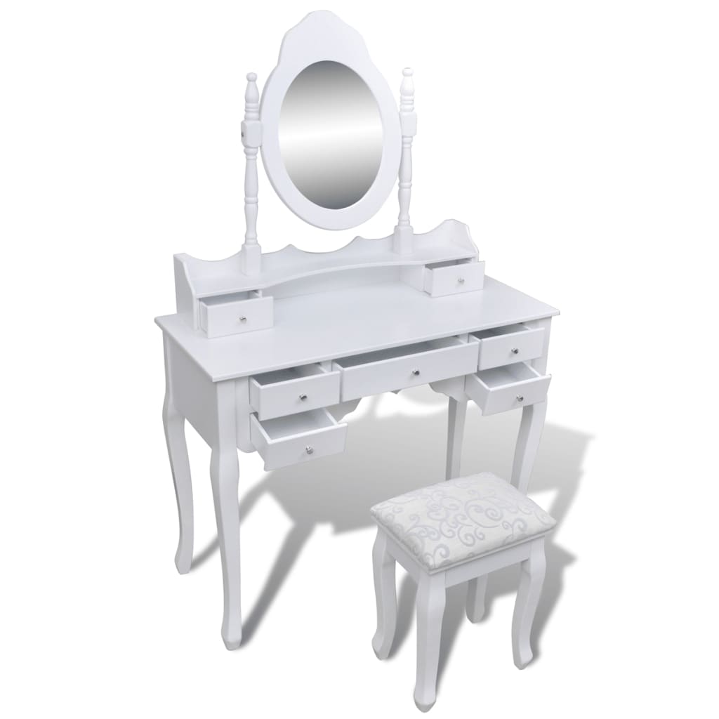 vidaXL Masă de toaletă cu oglindă și taburet, 7 sertare, alb