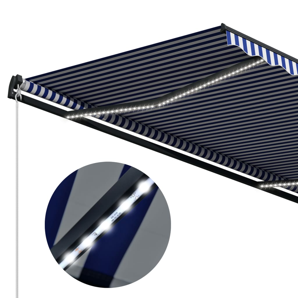 vidaXL Copertină cu senzor vânt & LED, albastru & alb, 500x300 cm