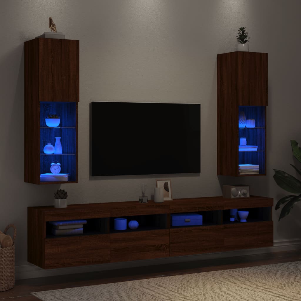 vidaXL Comode TV cu lumini LED, 2 buc., stejar maro, 30,5x30x102 cm