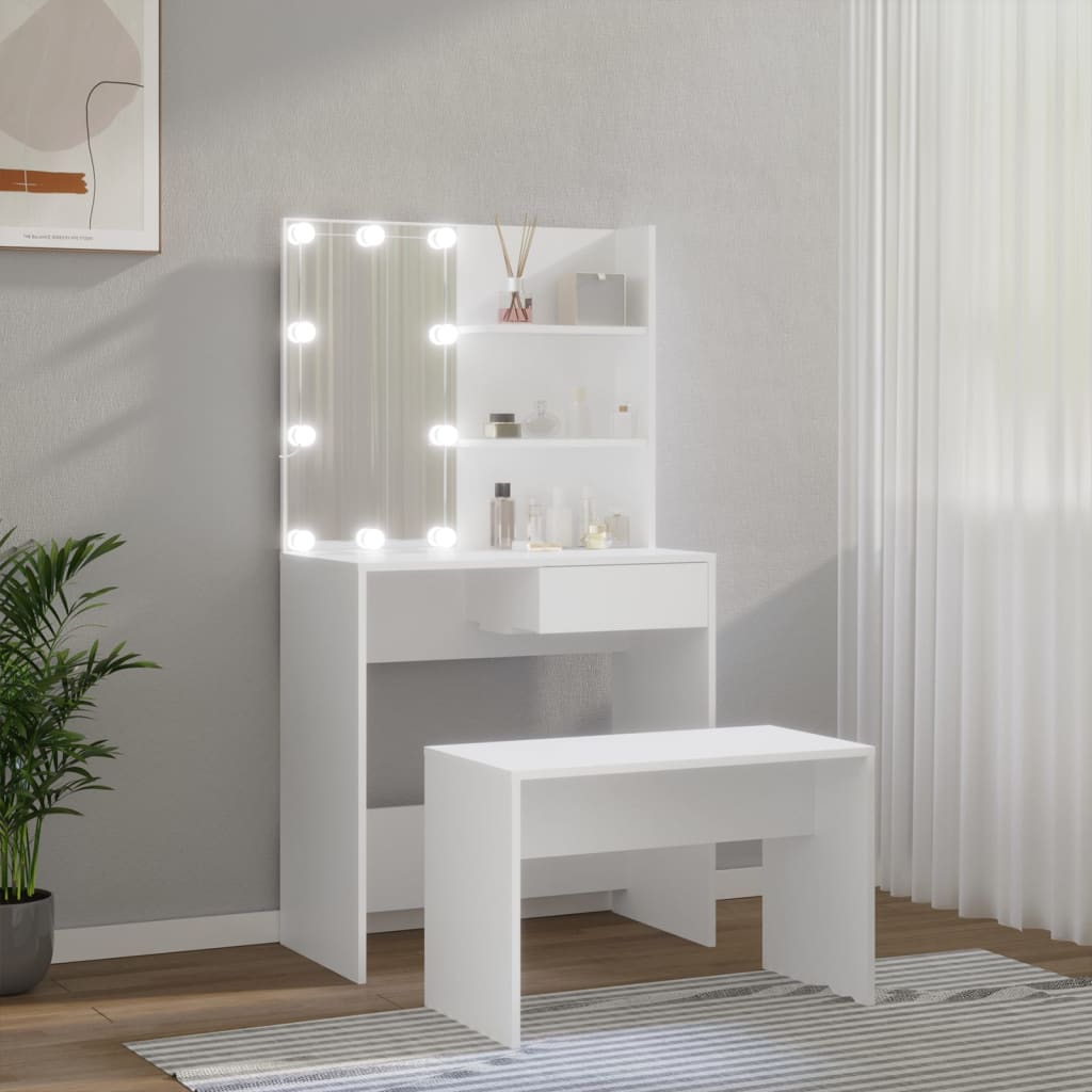 vidaXL Set măsuță de toaletă cu LED, alb, lemn prelucrat
