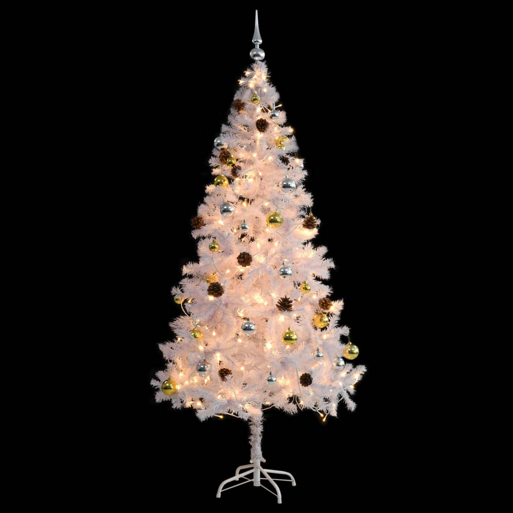 vidaXL Brad de Crăciun artificial pre-iluminat cu globuri, alb, 180 cm
