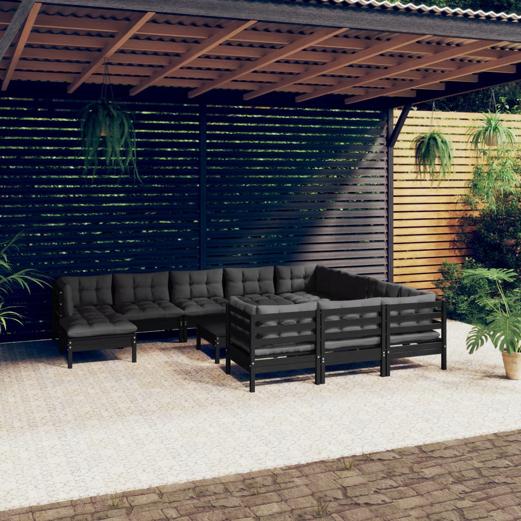 vidaXL Set mobilier grădină cu perne, 12 piese, negru, lemn de pin