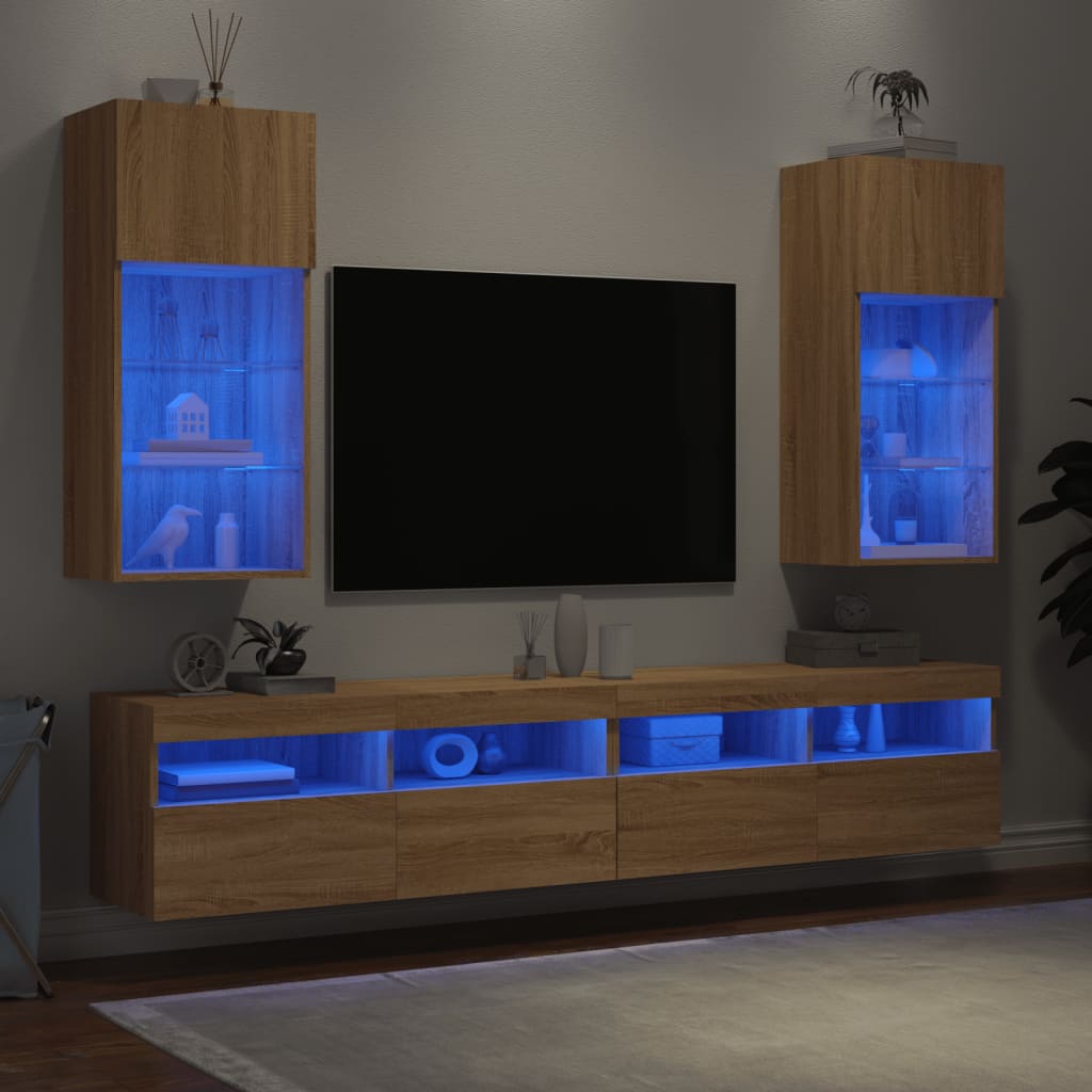 vidaXL Comode TV cu lumini LED, 2 buc., stejar sonoma, 40,5x30x90 cm