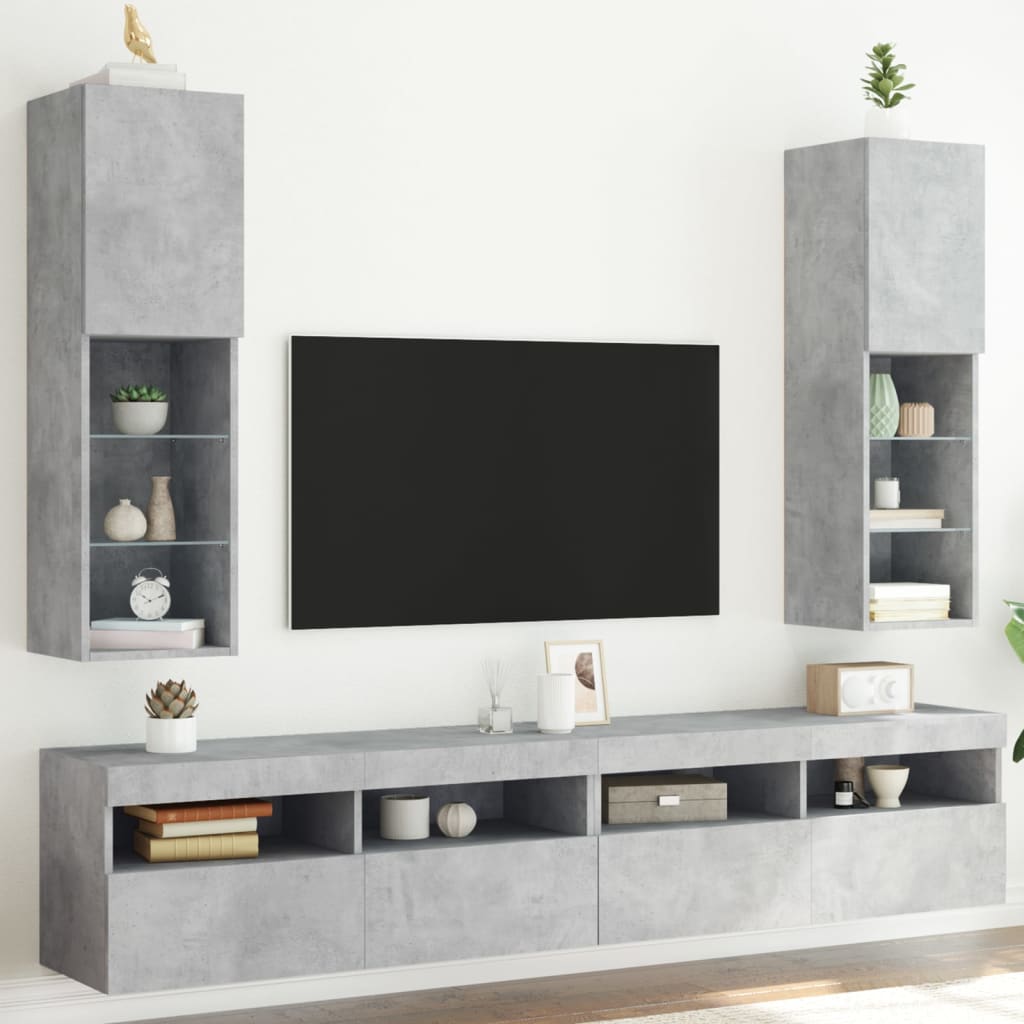vidaXL Comode TV cu lumini LED, 2 buc., gri beton, 30,5x30x102 cm
