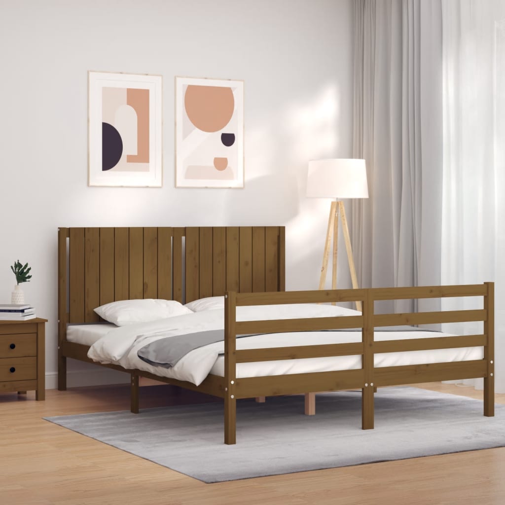 vidaXL Cadru de pat cu tăblie, maro miere, king size, lemn masiv