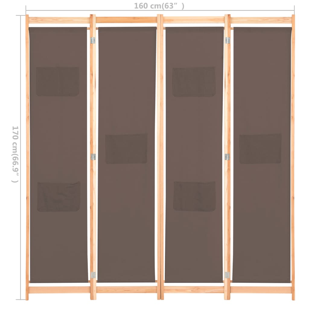 vidaXL Paravan de cameră cu 4 panouri, maro, 160x170x4 cm, textil