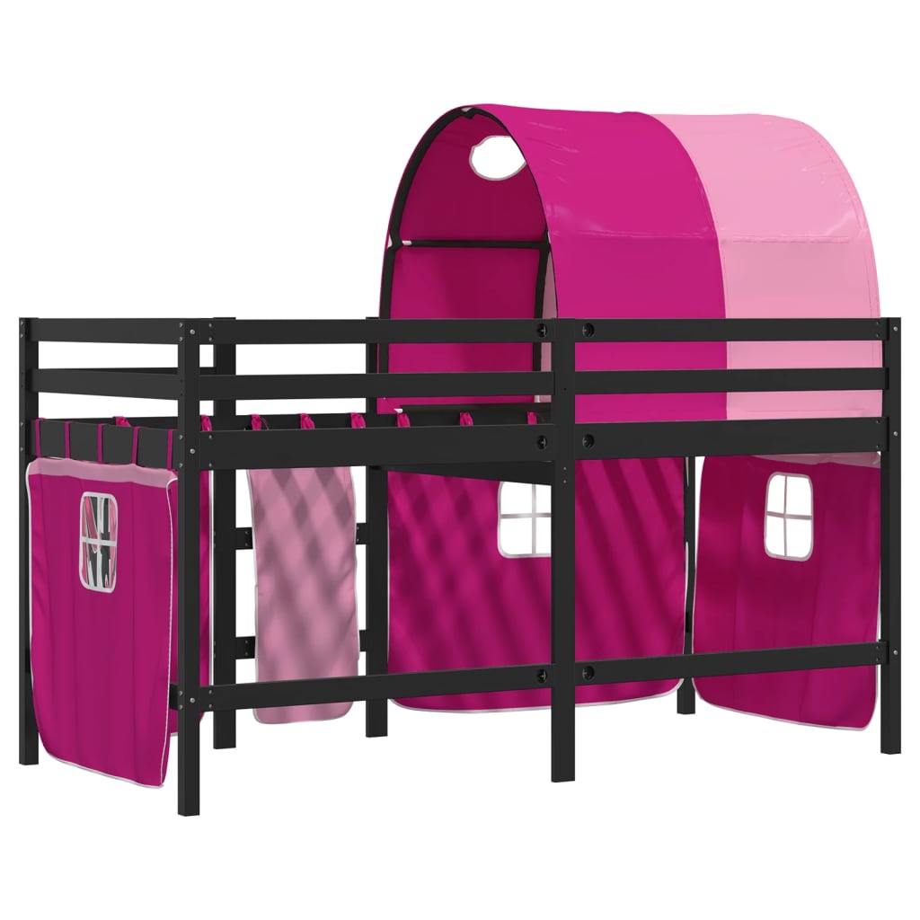 vidaXL Pat etajat de copii cu tunel, roz, 90x200 cm, lemn masiv pin