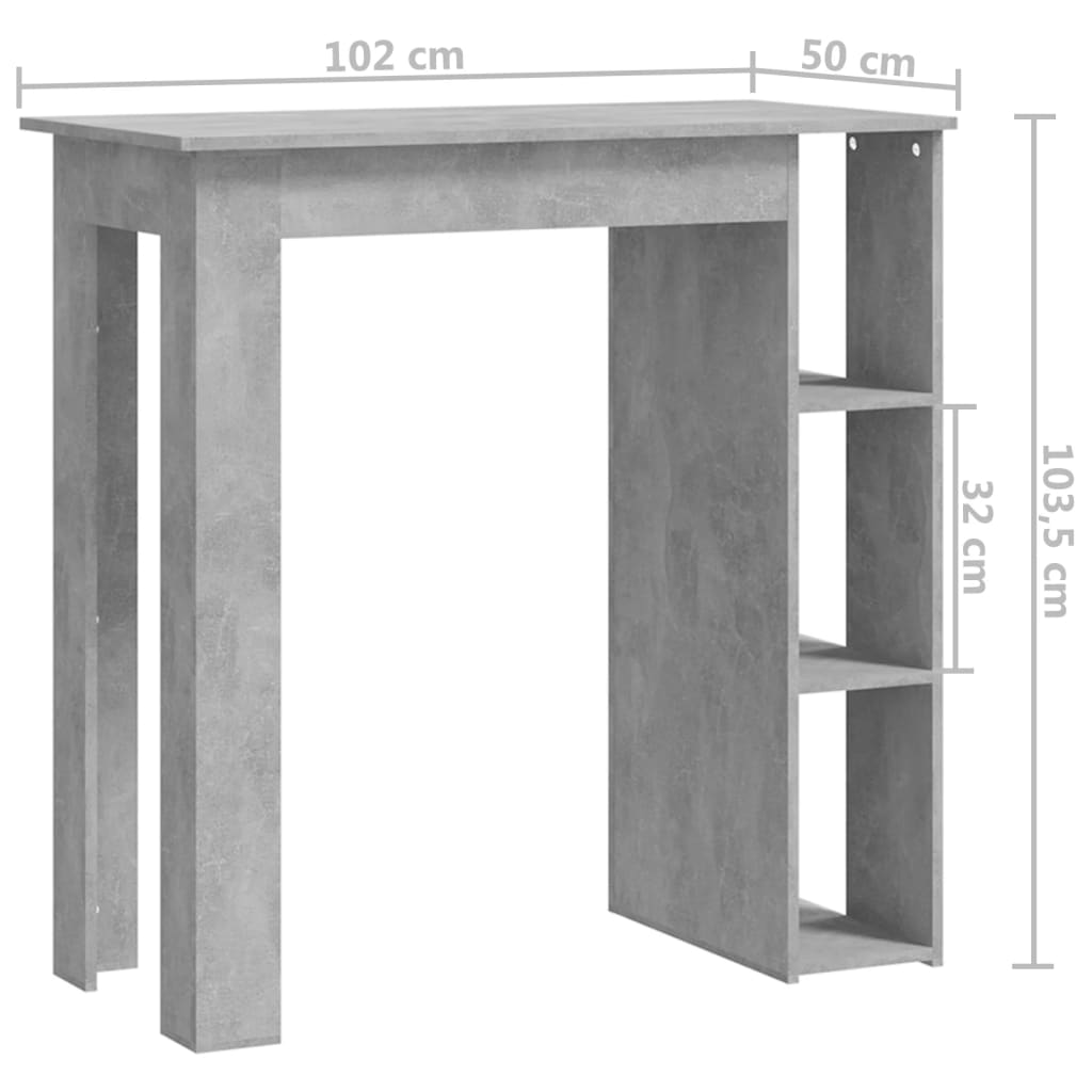 vidaXL Masă de bar cu raft, gri beton,102x50x103,5 cm, PAL