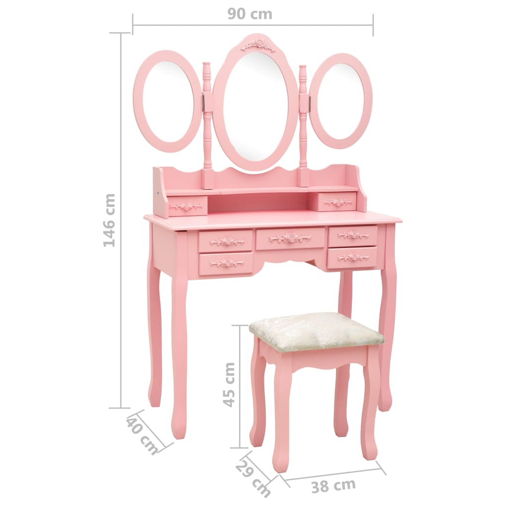 vidaXL Masă de toaletă cu taburet și triptic oglinzi, roz