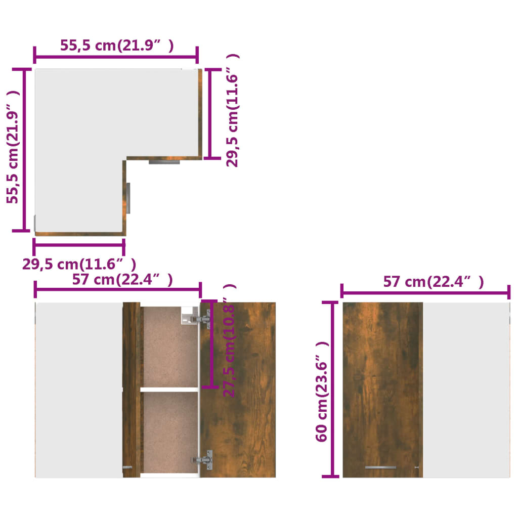 vidaXL Dulap de colț suspendat, stejar fumuriu, 57x57x60 cm, lemn