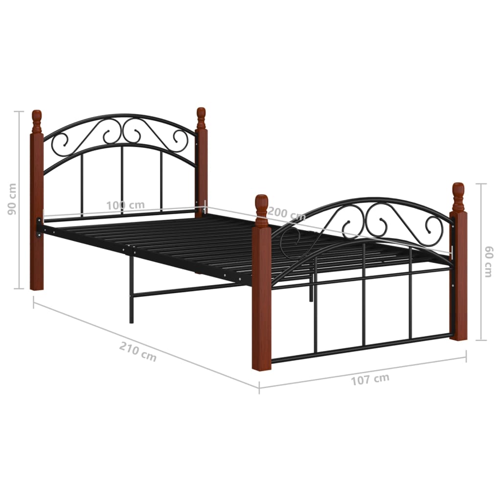 vidaXL Cadru de pat, negru, 100x200 cm, metal și lemn masiv stejar