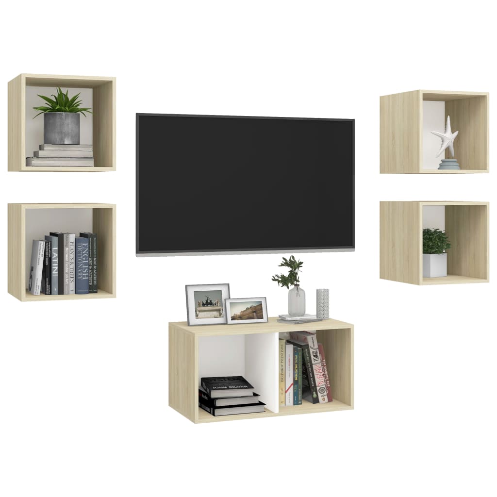 vidaXL Set dulapuri TV, 5 piese, alb și stejar sonoma, lemn prelucrat